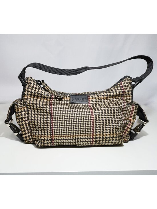 Lauren Ralph Lauren Handbags - Lauren Ralph Lauren Plaid Houndsooth Beige Nylon Shoulder Bag Silver Buckles
